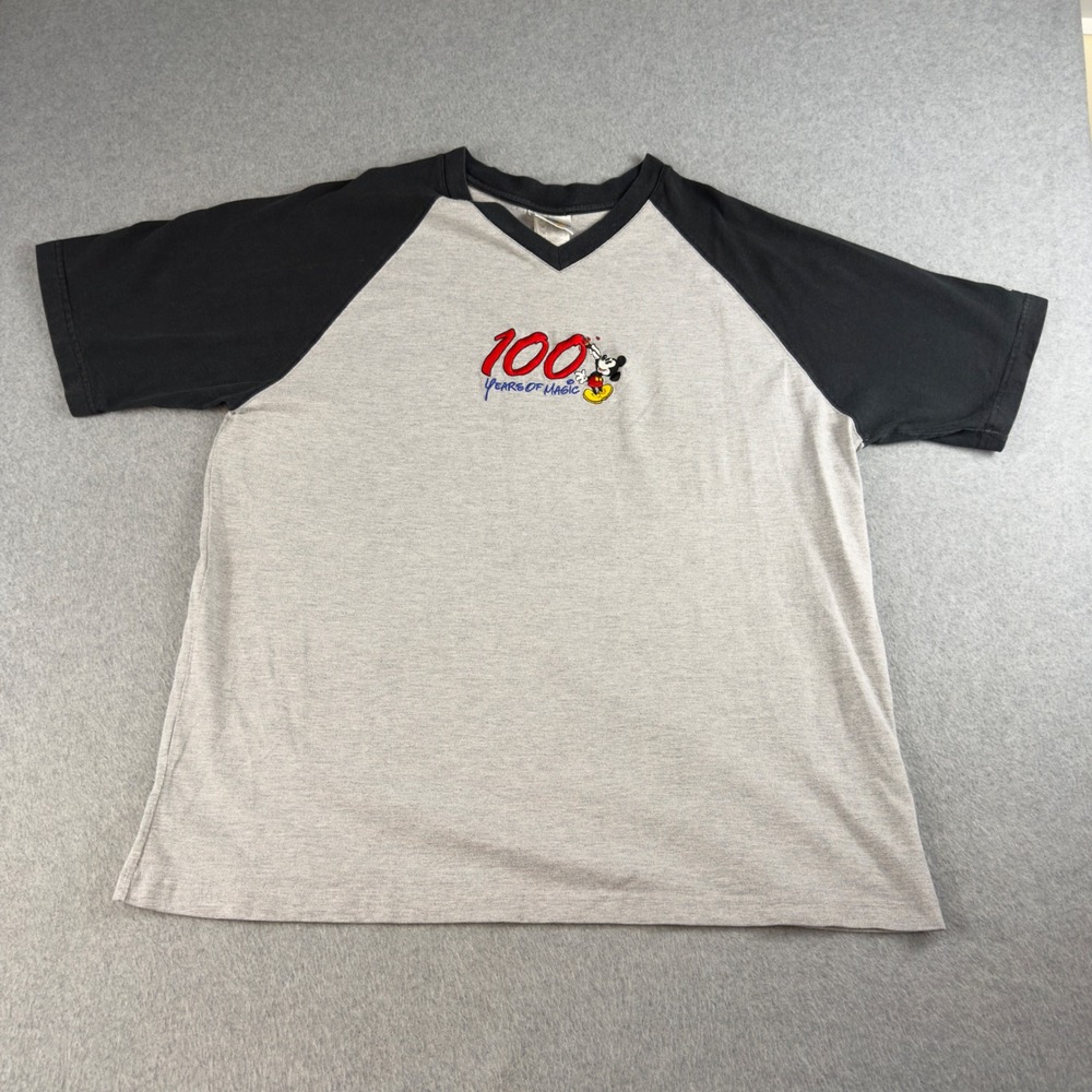Vintage Walt Disney World 100 Years of Magic Mickey Raglan V-Neck Mens XL Gray